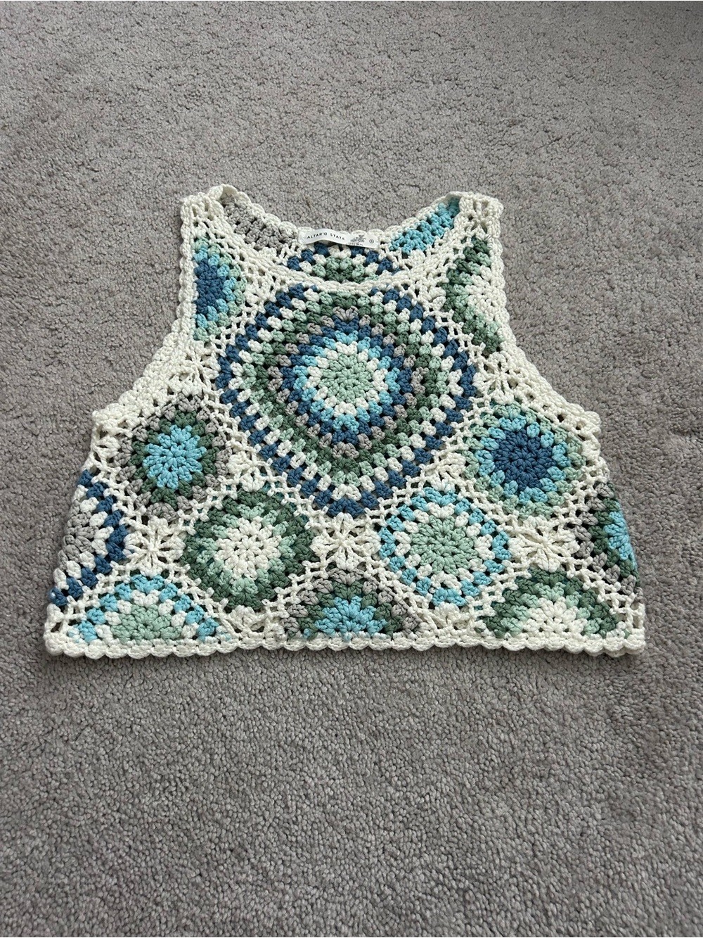 Altar'd State Cream Crochet Tank with Blue & Green Accents